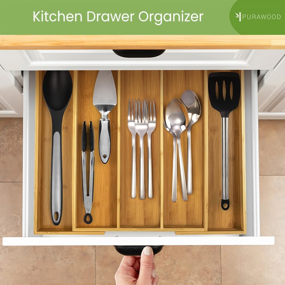 Large Premium Bamboo Silverware Organizer - Expandable Drawer Organizer & Utensil Organizer - 17.5"X19.75" Cutlery Tray with Dividers for Kitchen Utensils and Flatware (3-5 Slots) (Natural)