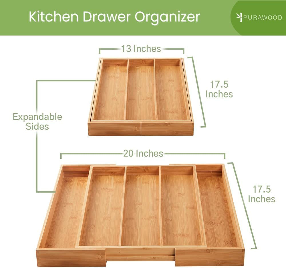 Large Premium Bamboo Silverware Organizer - Expandable Drawer Organizer & Utensil Organizer - 17.5"X19.75" Cutlery Tray with Dividers for Kitchen Utensils and Flatware (3-5 Slots) (Natural)