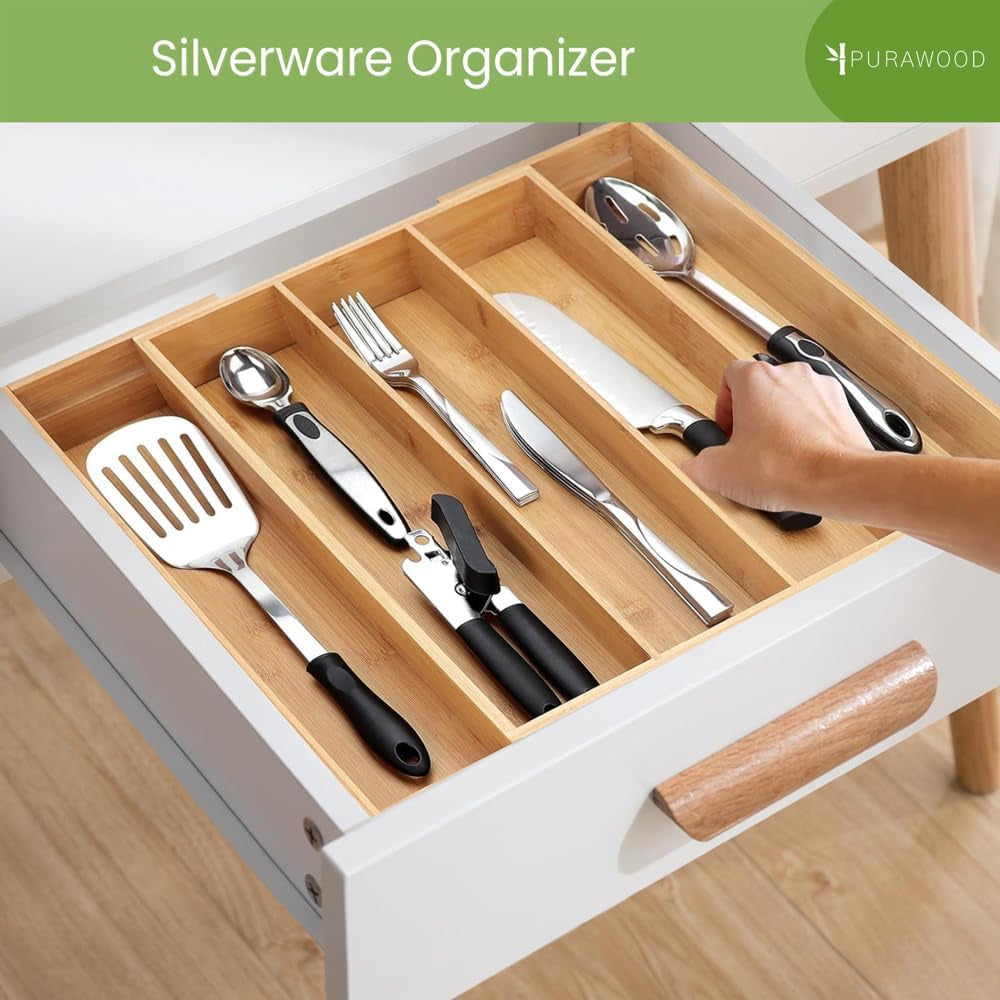 Large Premium Bamboo Silverware Organizer - Expandable Drawer Organizer & Utensil Organizer - 17.5"X19.75" Cutlery Tray with Dividers for Kitchen Utensils and Flatware (3-5 Slots) (Natural)