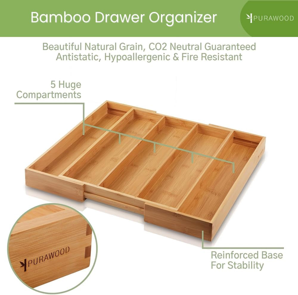 Large Premium Bamboo Silverware Organizer - Expandable Drawer Organizer & Utensil Organizer - 17.5"X19.75" Cutlery Tray with Dividers for Kitchen Utensils and Flatware (3-5 Slots) (Natural)