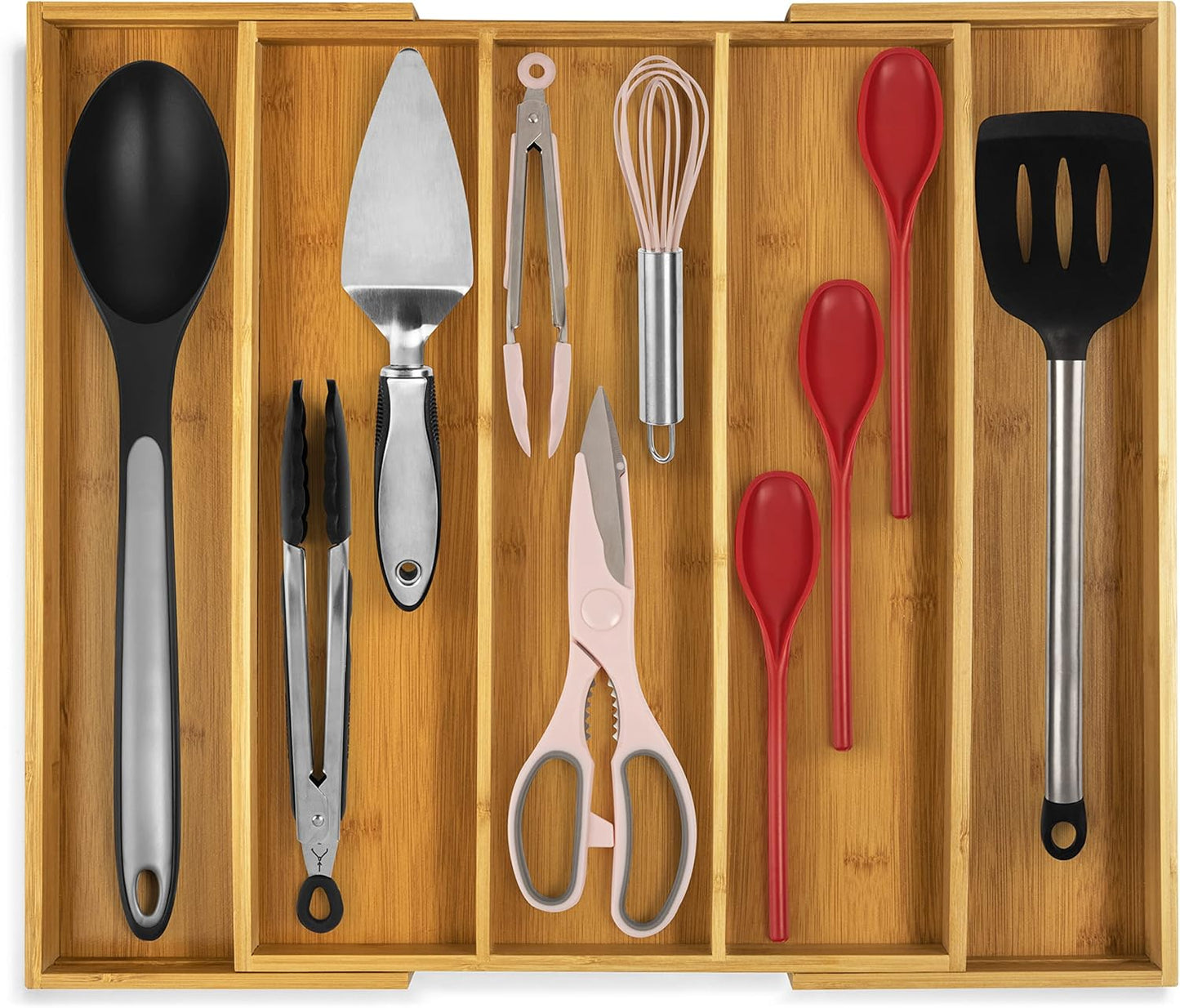 Large Premium Bamboo Silverware Organizer - Expandable Drawer Organizer & Utensil Organizer - 17.5"X19.75" Cutlery Tray with Dividers for Kitchen Utensils and Flatware (3-5 Slots) (Natural)