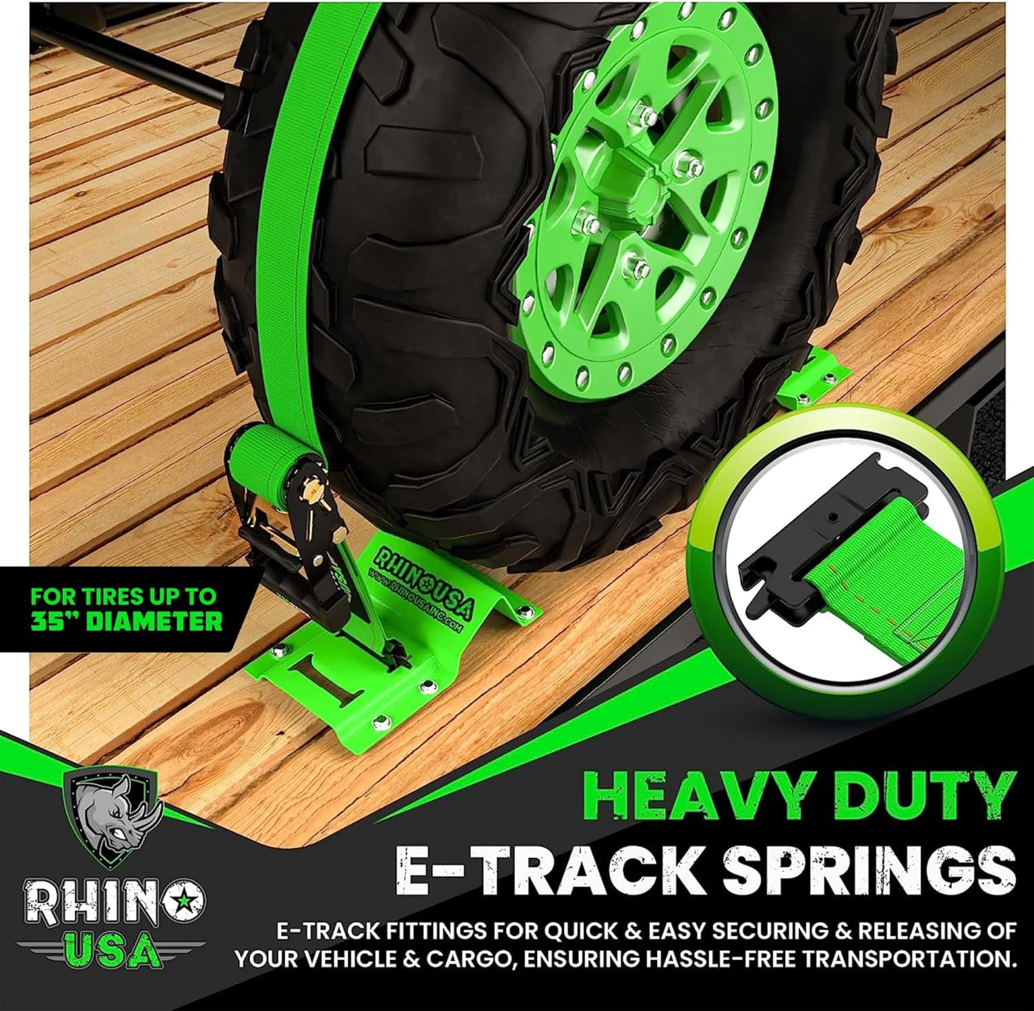 Wheel Chock Tie down Kit (4,500Lb Break Strength) (2) Heavy Duty Trailer Tire Ratchet Straps (4) Wheel Chocks - E Track System for ATV, UTV, Lawn Mower, Four Wheeler - Green