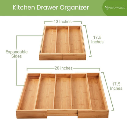 Large Premium Bamboo Silverware Organizer - Expandable Drawer Organizer & Utensil Organizer - 17.5"X19.75" Cutlery Tray with Dividers for Kitchen Utensils and Flatware (3-5 Slots) (Natural)