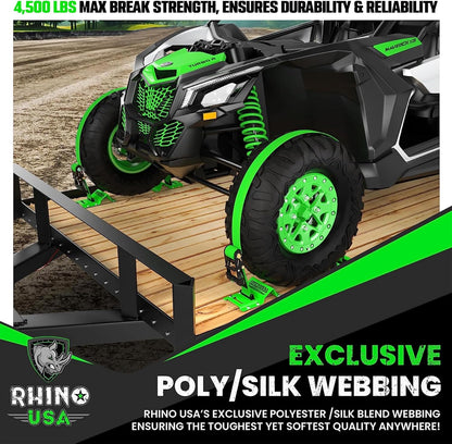 Wheel Chock Tie down Kit (4,500Lb Break Strength) (2) Heavy Duty Trailer Tire Ratchet Straps (4) Wheel Chocks - E Track System for ATV, UTV, Lawn Mower, Four Wheeler - Green