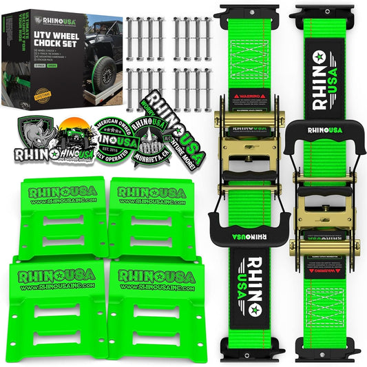Wheel Chock Tie down Kit (4,500Lb Break Strength) (2) Heavy Duty Trailer Tire Ratchet Straps (4) Wheel Chocks - E Track System for ATV, UTV, Lawn Mower, Four Wheeler - Green