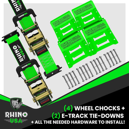 Wheel Chock Tie down Kit (4,500Lb Break Strength) (2) Heavy Duty Trailer Tire Ratchet Straps (4) Wheel Chocks - E Track System for ATV, UTV, Lawn Mower, Four Wheeler - Green