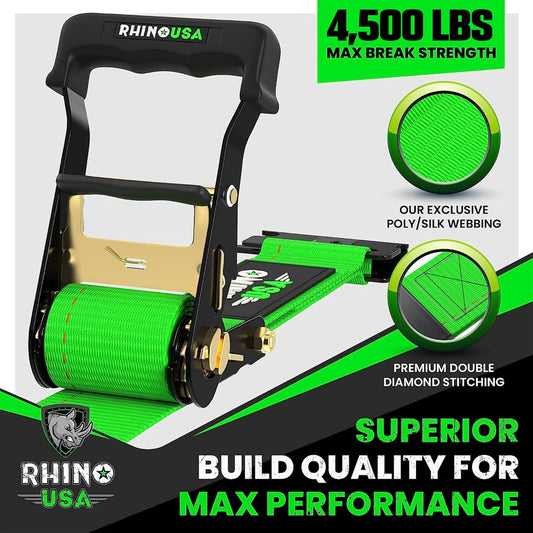 Wheel Chock Tie down Kit (4,500Lb Break Strength) (2) Heavy Duty Trailer Tire Ratchet Straps (4) Wheel Chocks - E Track System for ATV, UTV, Lawn Mower, Four Wheeler - Green