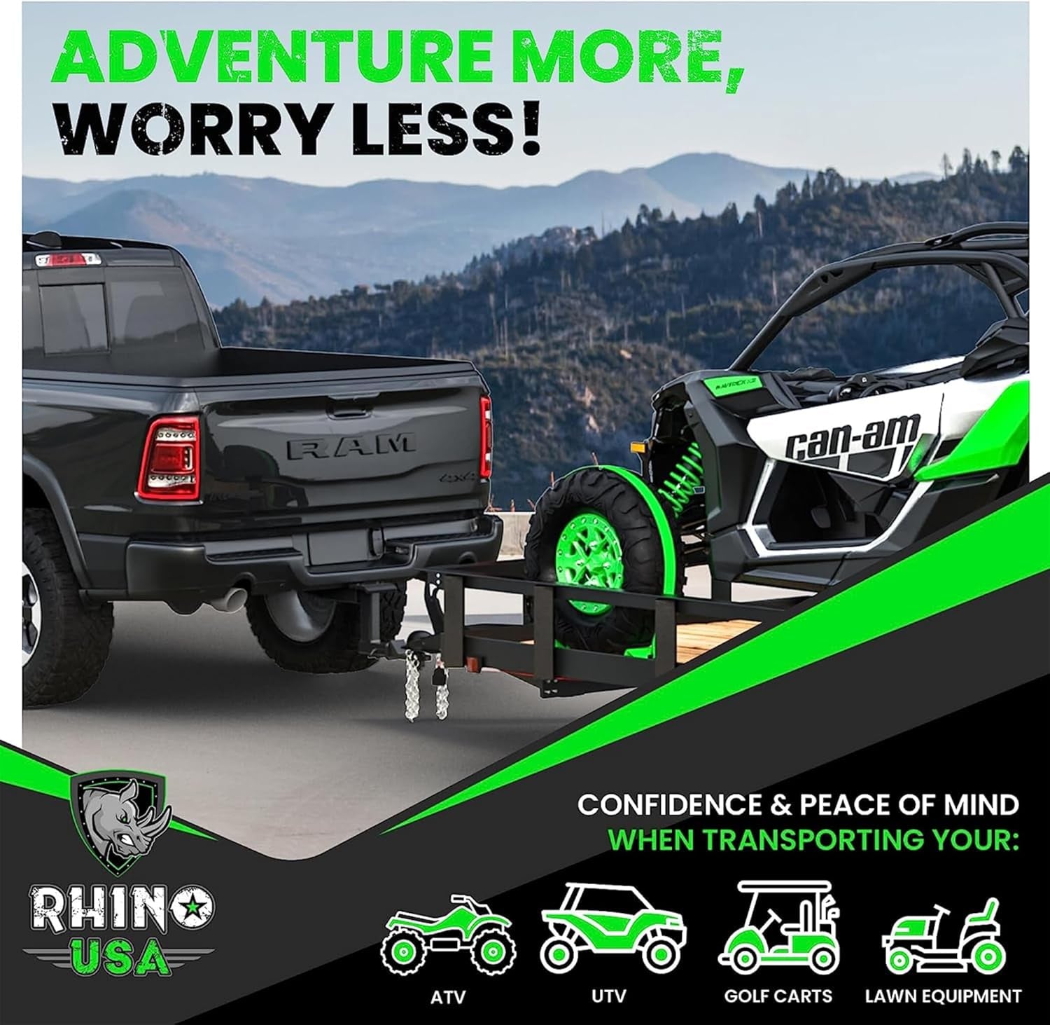 Wheel Chock Tie down Kit (4,500Lb Break Strength) (2) Heavy Duty Trailer Tire Ratchet Straps (4) Wheel Chocks - E Track System for ATV, UTV, Lawn Mower, Four Wheeler - Green